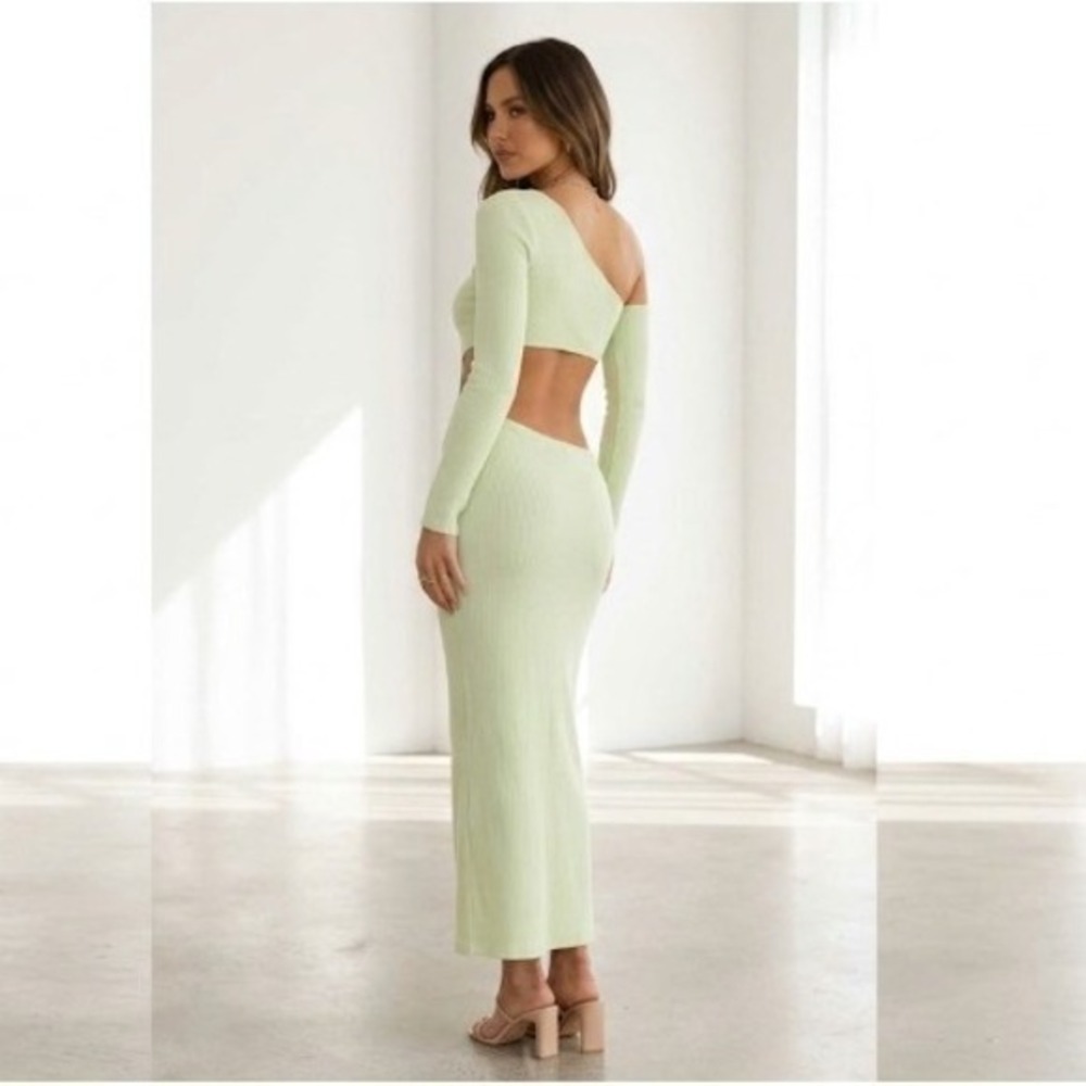 Miss Lola Lime Green Ribbed One Shoulder Crop Top and Maxi Skirt 2 Piece Set